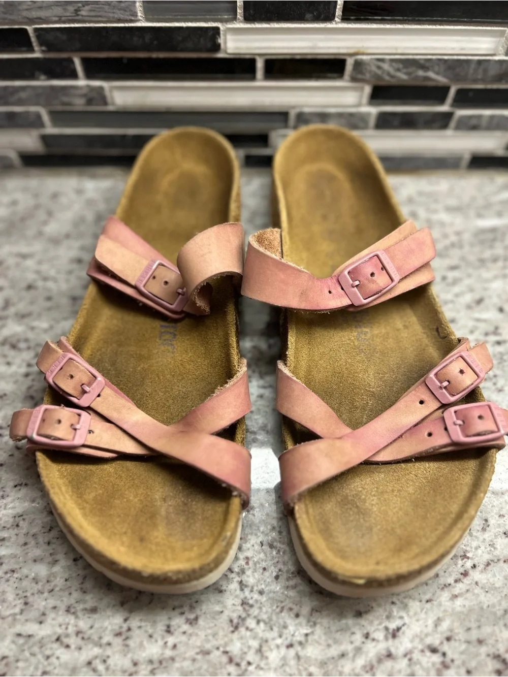 Women's Birkenstock Franca distressed Pink Three-Buckle Slide Sandals size 8(39)